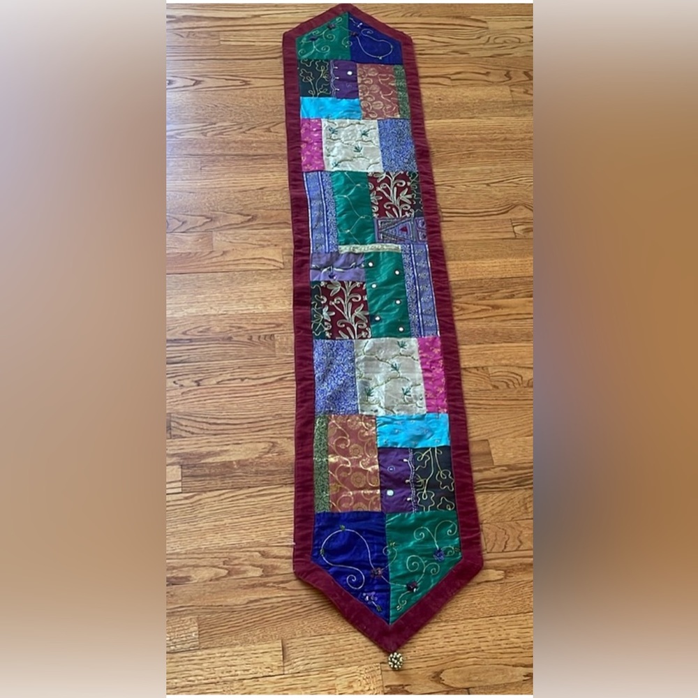 VTG Pier 1 Table Runner Patchwork Velvet Trim 70” long